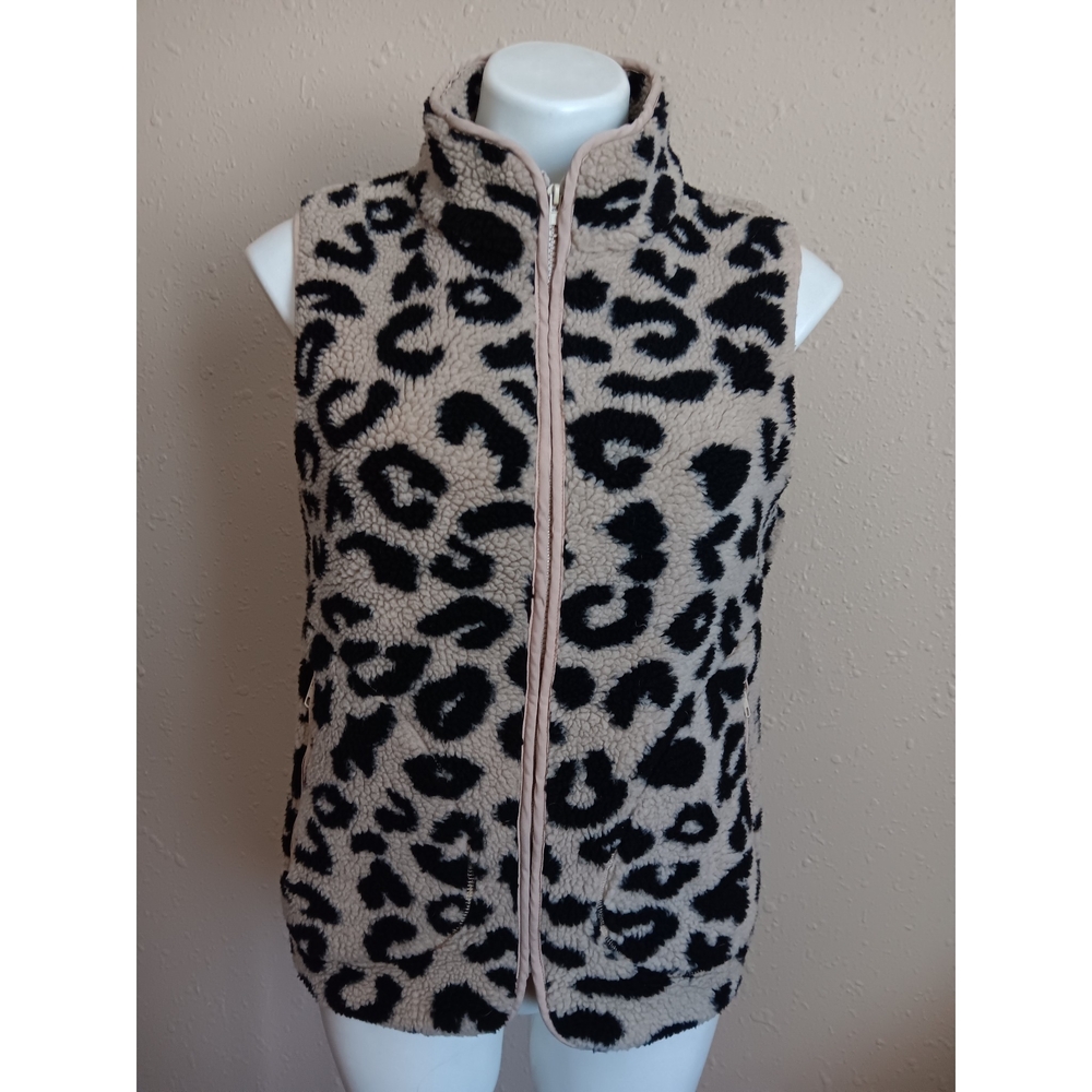 Women's Taupe Sherpa Leopard Print Vest with Black Spots - Zip Front